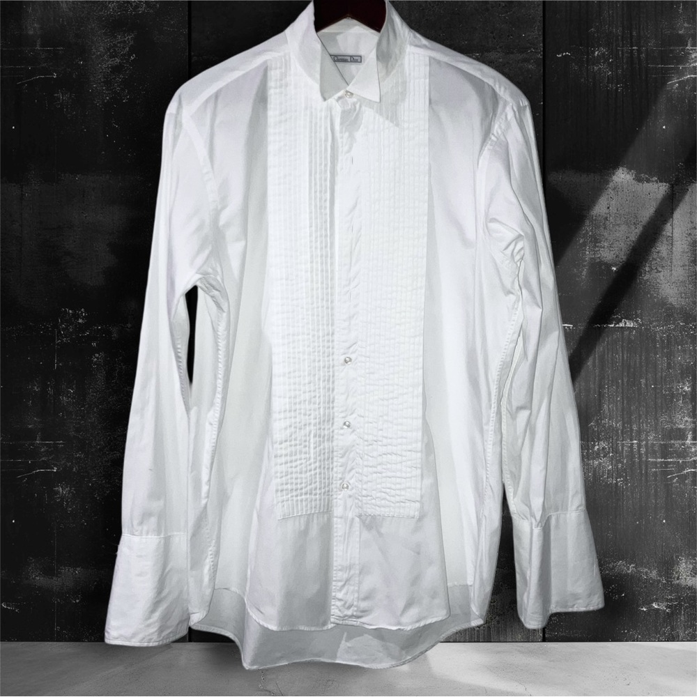 Vintage Christian Dior Monsieur Pleated Tuxedo Shirt White Sz 16/33 French Cuff - Picture 2 of 8